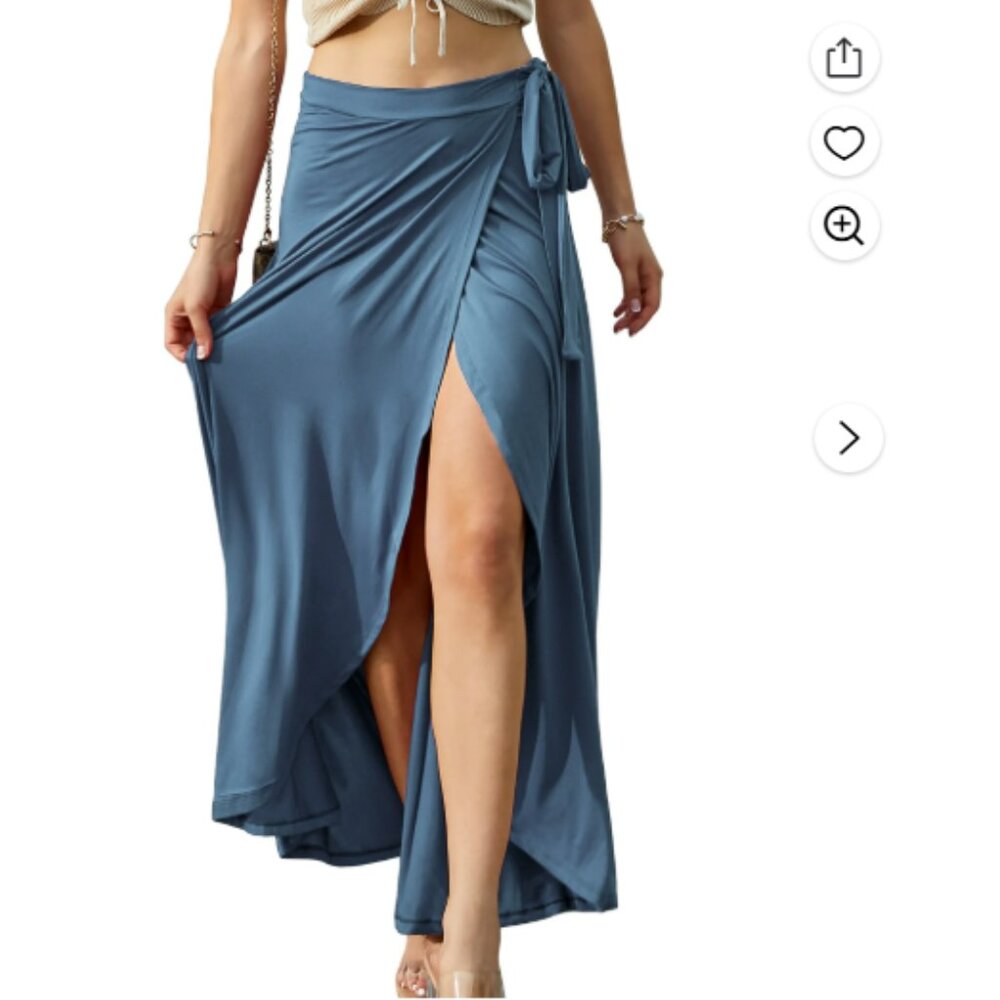 Doublju elastic waist wrap maxi skirt with tie at hip light blue size small
